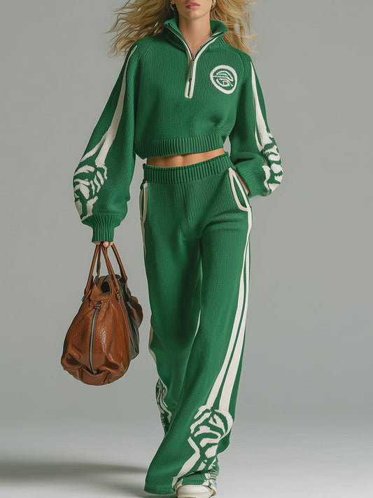 Stylish Women's Green Half-Zip Knit Top and Wide-Leg Pants Set