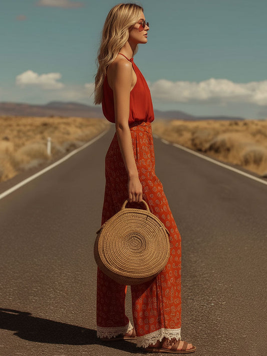 Western Retro Print Red Sleeveless Shirt And Trousers Set