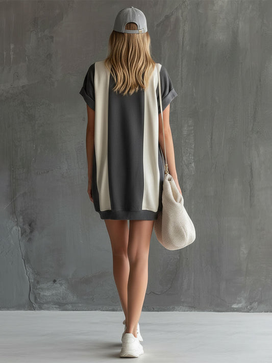 Casual Retro Gray and White Color-Blocked Round Neck Mini Dress
