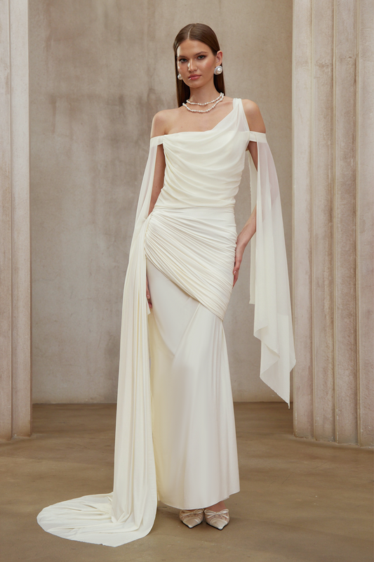 Aurianne White One Shoulder Asymmetrical Draped Ruched Maxi Dress