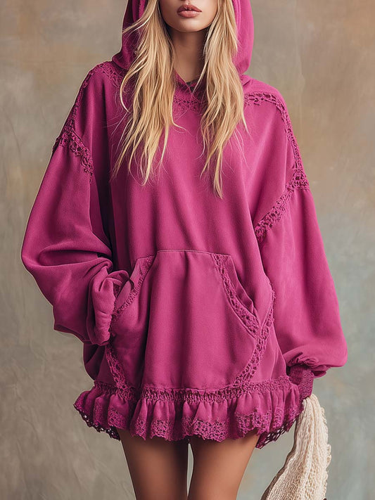 Rose Pink Cotton Hooded Mini Dress with Lace and Ruffles