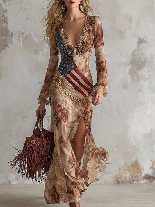 Vintage Bohemian Apricot Floral Maxi Dress with Long Sleeves Chiffon