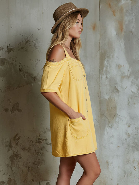 Yellow Loose-Fitting Cold-Shoulder Short-Sleeved Pocket Mini Dress