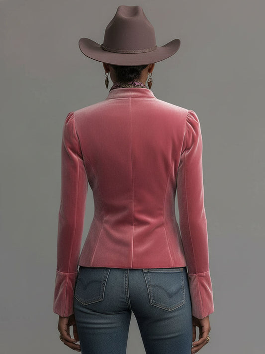 Embroidered Floral Velvet Western Jacket with Stand Collar