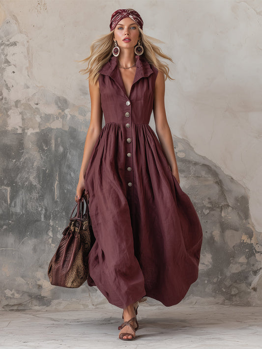 Elegant Zinfandel Cotton Linen Sleeveless A-Line Maxi Dress