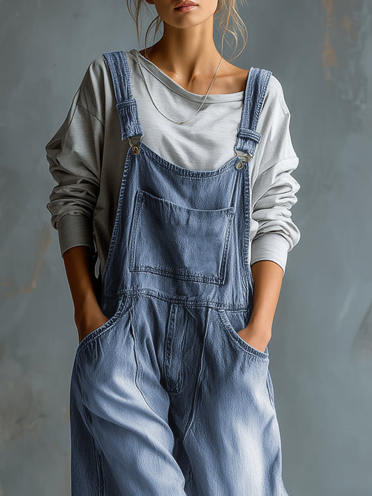 Retro Washed Blue Denim Overalls with Adjustable Straps and Pockets