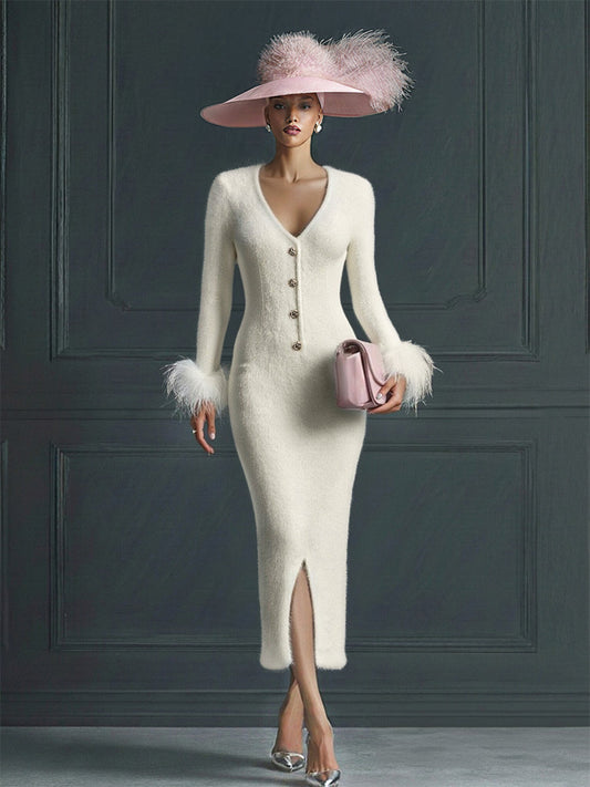 Elegant White Mohair V-Neck Midi Dress With Feather Cuffs