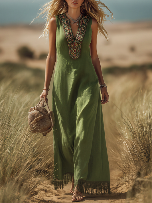 Bohemian V-Neck Sleeveless Embroidered Tassel Maxi Dress in Green