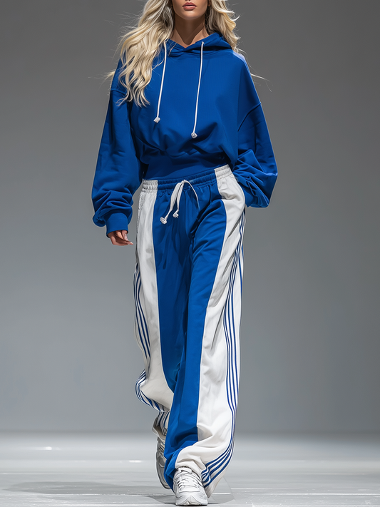 Retro Sporty Hoodie And Striped Wide Leg Pants Set