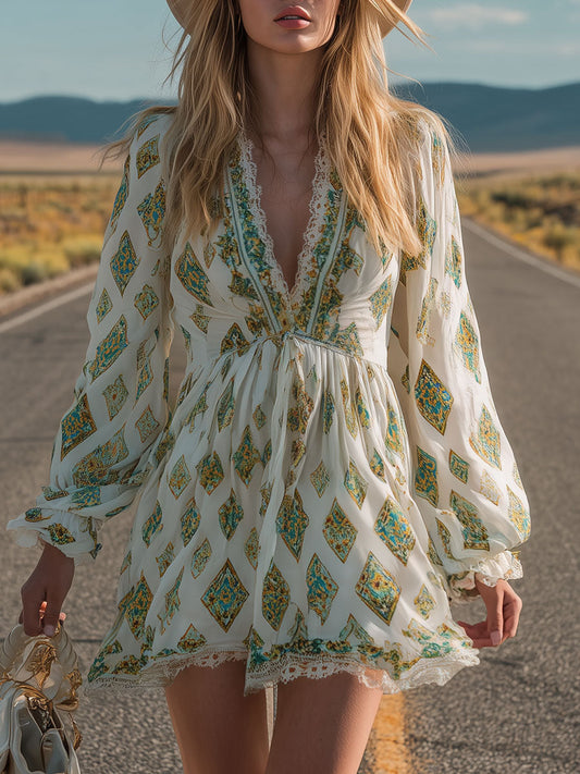 Boho Ethnic Print White Chiffon Mini Dress With Lace Trim