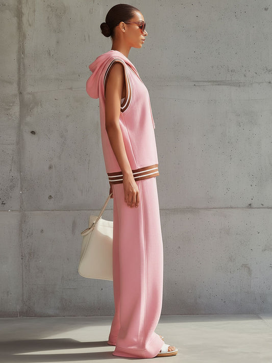 Retro Casual Sporty Pink Sleeveless Hooded Sweatshirt Wide-Leg Pants Set