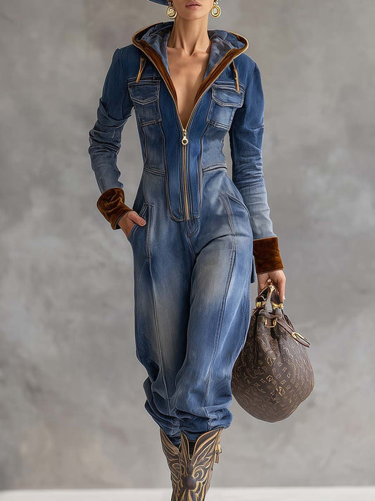 Vintage Western Blue Denim Jumpsuit with Velvet Panels and Hood