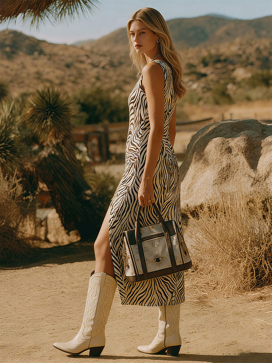 Western Retro Zebra Print Sleeveless Chiffon Midi Dress with Slit