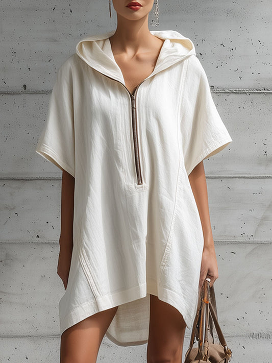 White Cotton Linen Hooded Mini Dress with Half-Zip Detail