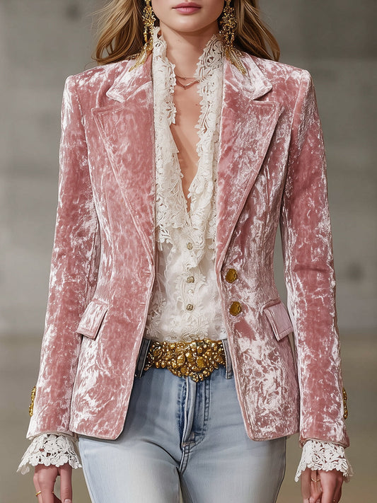Retro Pink Velvet Blazer With Gold Button Detail Women's Jacket