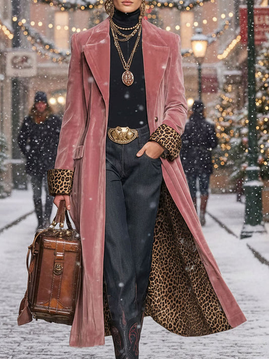 Luxurious Velvet Single-Breasted Coat with Leopard Print Accents