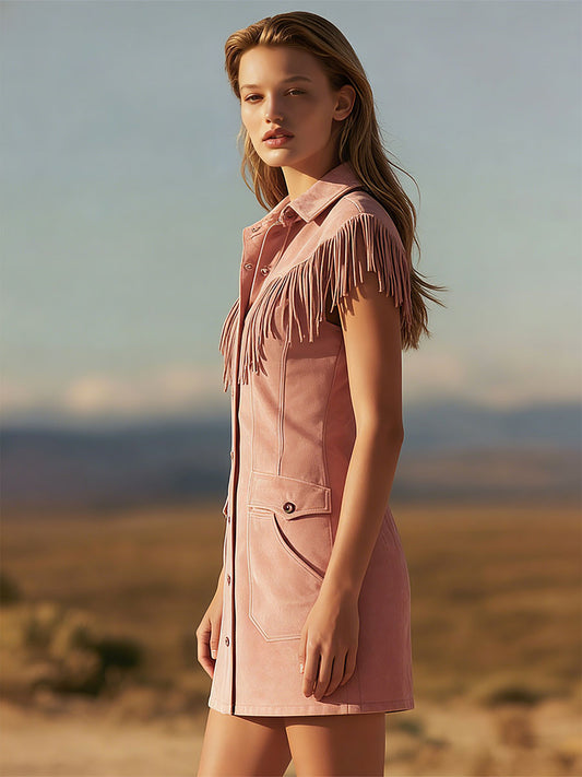 Western Retro Pink Fringed Faux Suede Button-Down Mini Dress