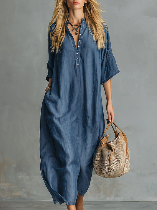 Retro Blue Tencel Denim Short Sleeve V-Neck Maxi Dress