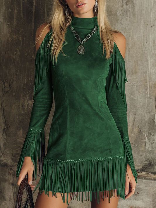Fringed Faux Suede Off-Shoulder Long Sleeve Mini Dress