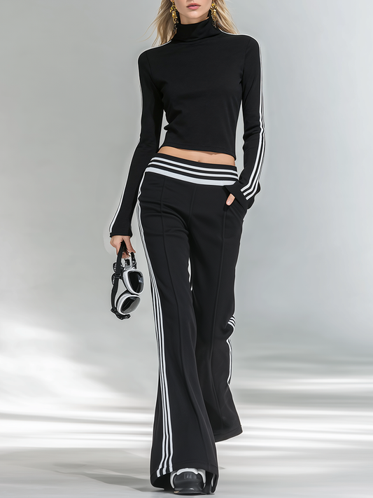 Women's Sporty Stand-Up Collar Long Sleeve T-Shirt Flared Pants Set