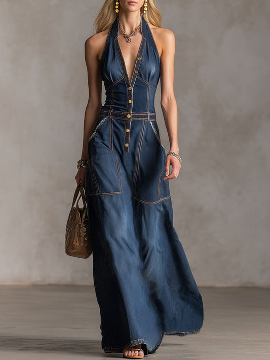 Navy Blue Denim Halter Neck Maxi Dress with Front Pockets