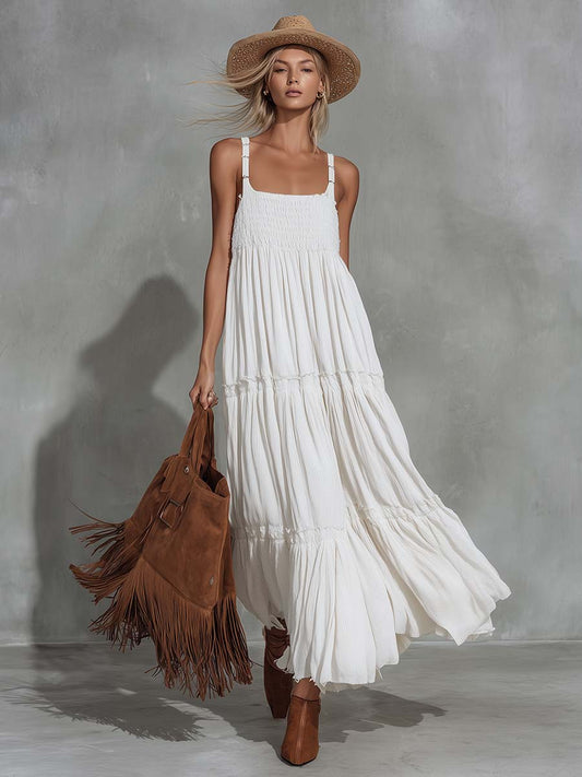 Retro Western White Cotton Linen Strappy Maxi Dress