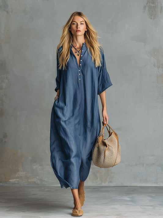 Retro Blue Tencel Denim Short Sleeve V-Neck Maxi Dress