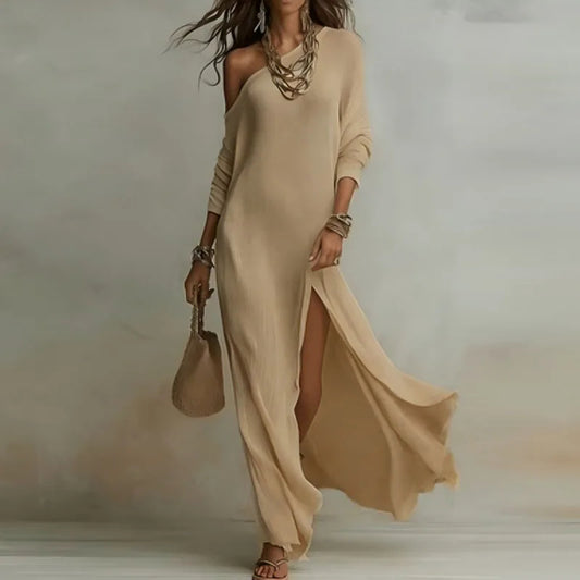 Asymmetric Knit Slit Maxi Dress