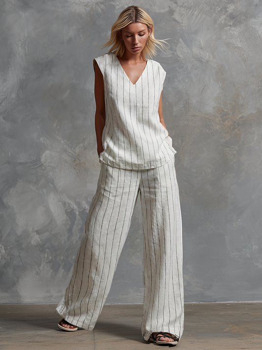 Classic Striped White Cotton Sleeveless Top And Wide Leg Pants Set