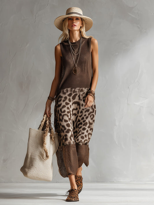 Elegant Brown Leopard Print Mesh Sleeveless Maxi Dress Breathable Knit