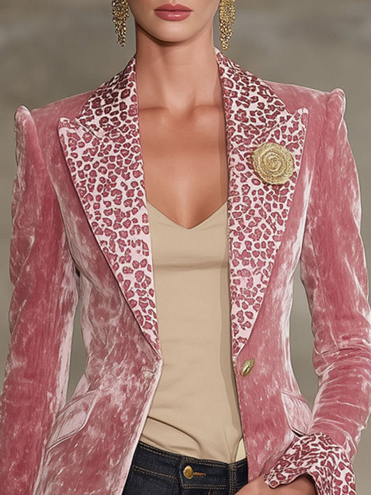 Pink Leopard Print Velvet Blazer with Contrast Lapel and Cuffs