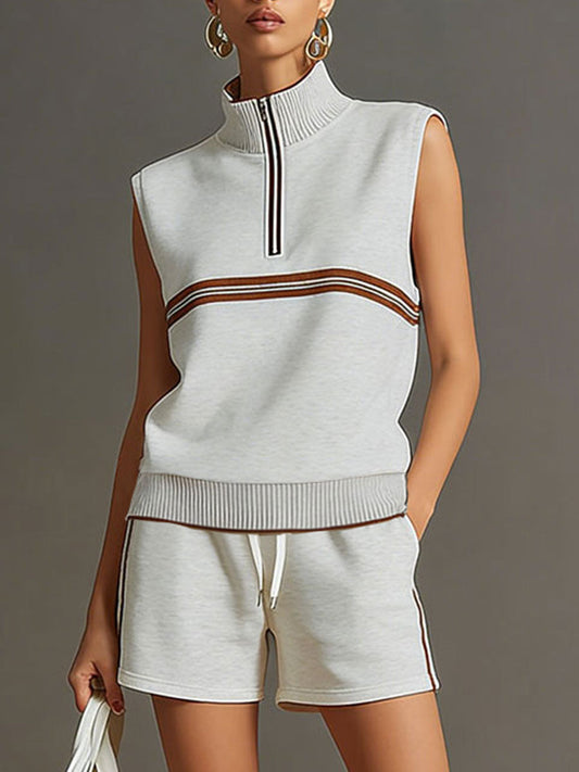 Retro Sporty Grey And White Half-Zip Sleeveless Sweatshirt Shorts Set