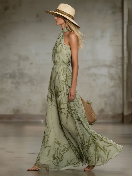 Elegant Green Leaf Print Halter Neck Sleeveless Chiffon Maxi Dress