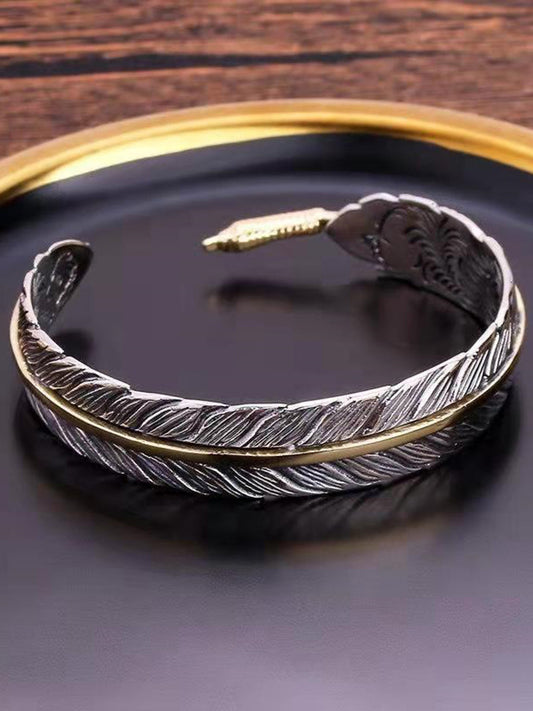 Vintage Western Feather Cuff Bracelet Silver Bohemian Adjustable Wrist Accessory