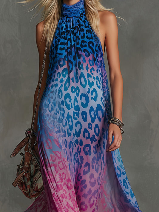 Gradient Leopard Print Chiffon High Neck Sleeveless Flowing Maxi Dress