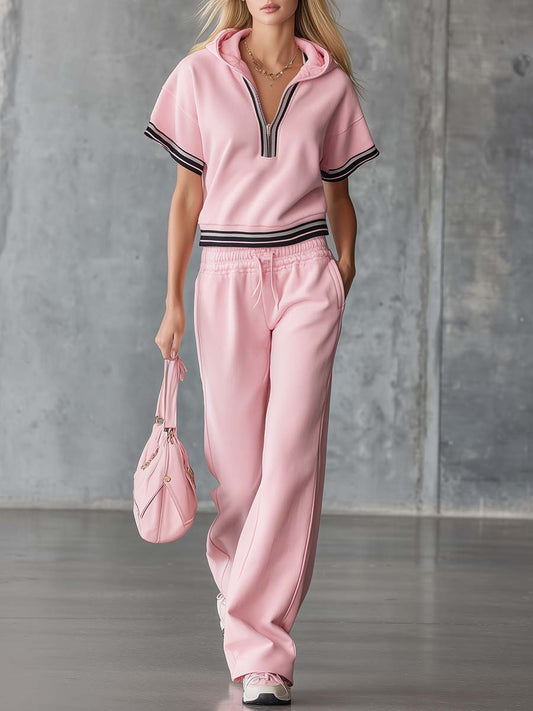 Sporty Pink Cotton Hooded Front Zipper Top and Pants Set