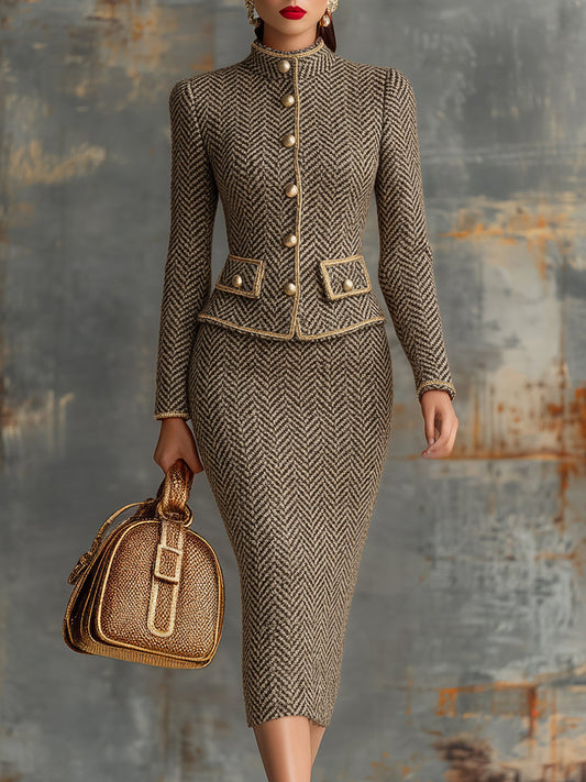Vintage Herringbone Gold Trim Stand Collar Jacket Skirt Set