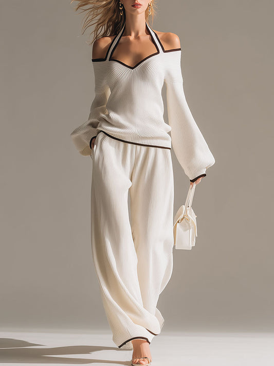 Elegant White Color-blocked Halter Neck Knit Top Pants Set