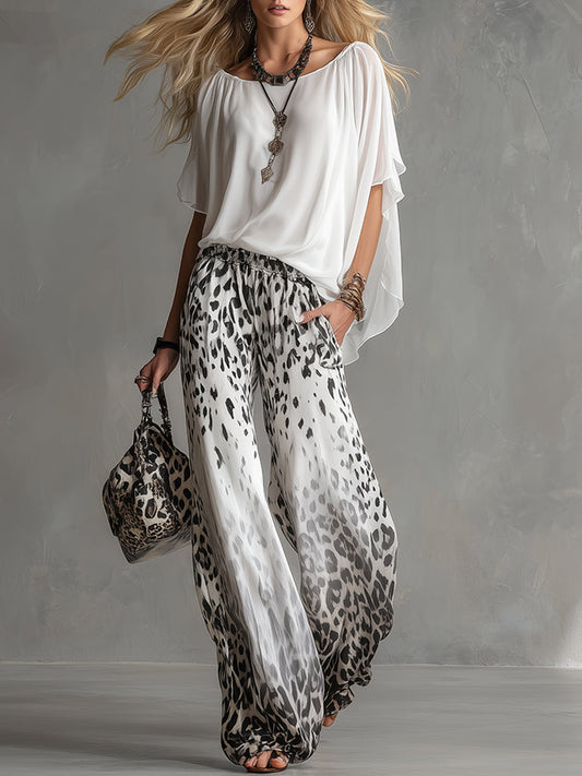 Chic White T-Shirt and Leopard Print Chiffon Pants Set