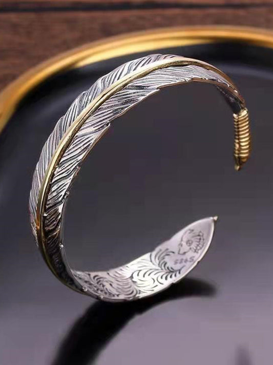 Vintage Western Feather Cuff Bracelet Silver Bohemian Adjustable Wrist Accessory