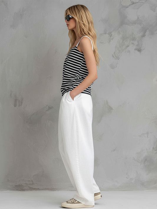 Black and White Striped Sleeveless Top and Trouser Set