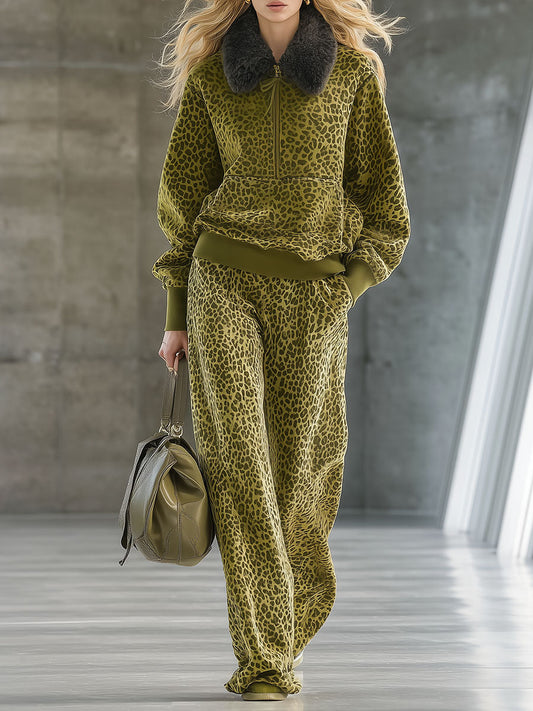 Leopard Print Velvet Two-Piece Suit with Faux Fur Collar