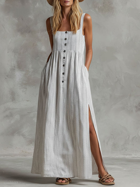 Retro Boho Square Neck Cotton Linen Striped Sleeveless Maxi Dress