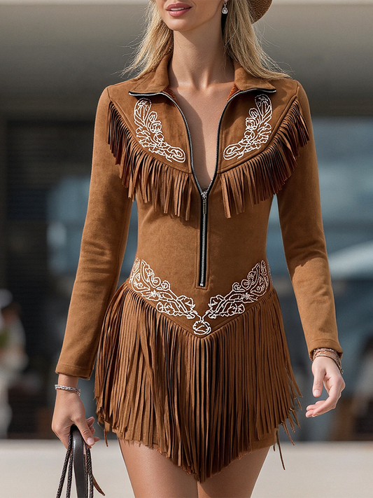 Vintage Western Brown Suede Mini Dress with Embroidered Tassel Detail