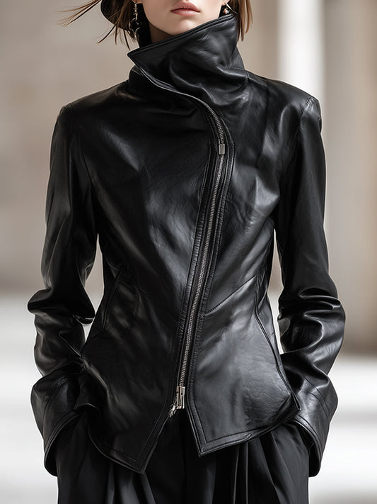 Chic Black PU Leather Jacket With High Collar And Zipper