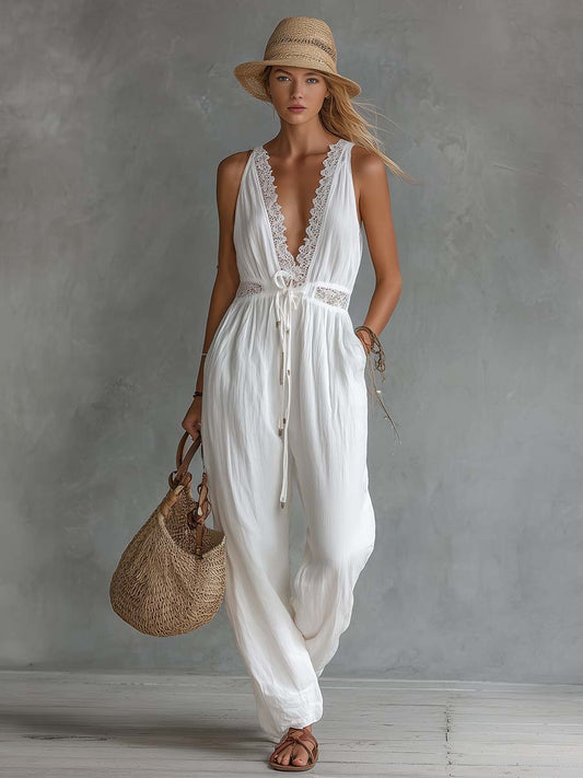 White Cotton-Linen Lace V-Neck Bohemian Jumpsuit for Summer Vacation