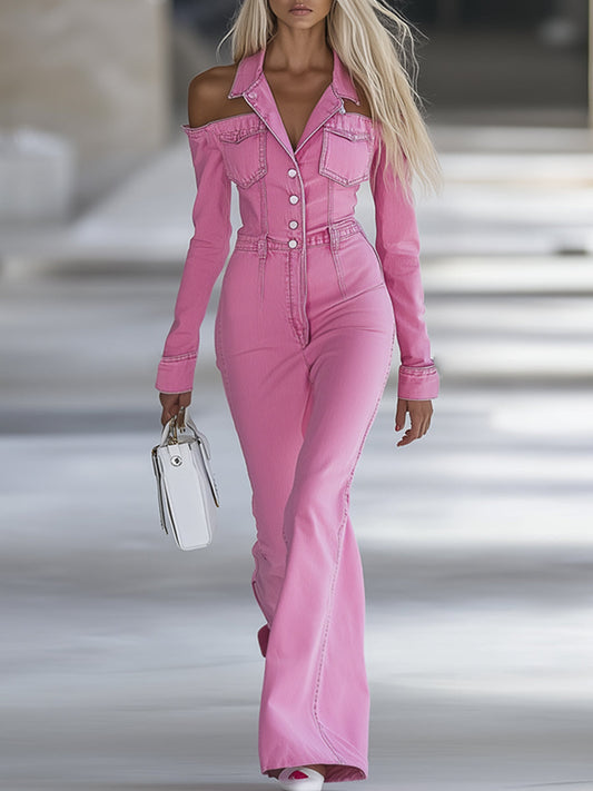 Pink Denim Off-Shoulder Flared Jumpsuit with Lapel Collar