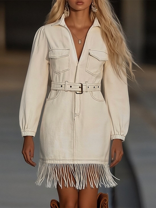 Retro Tassel Splicing Denim Mini Dress for Chic Daily Wear