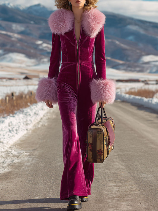 Retro Velvet Faux Fur Collar Long Sleeve Flared Jumpsuit