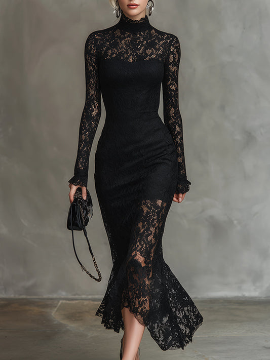 Elegant Black Stretch Lace Fishtail Maxi Dress for Formal Events